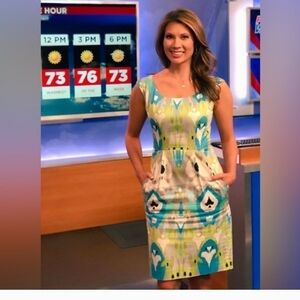 Maggy London Turquoise Blue Green White Cotton Sateen Sheath Dress